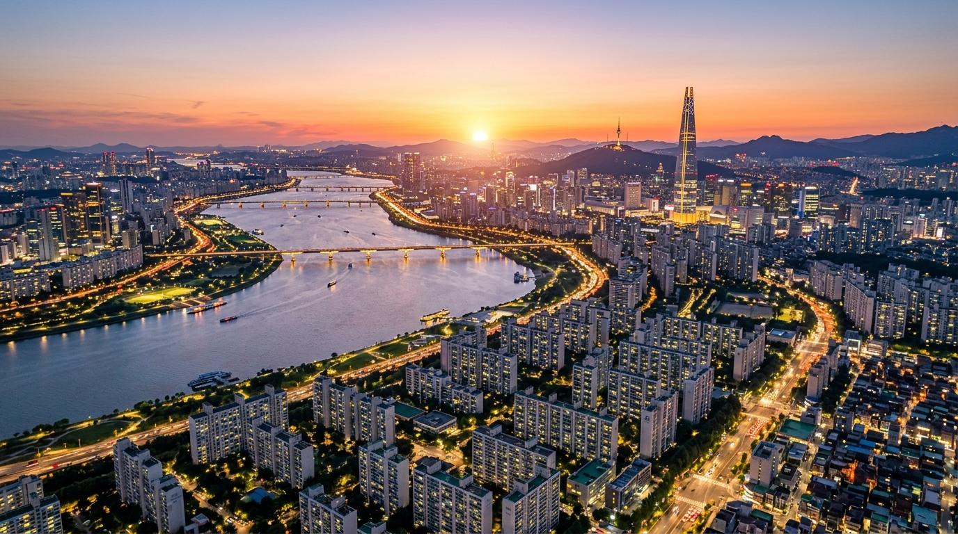 bright vibrant photorealistic aerial view of Seoul skyline at sunset with the Han River, dense apartment towers, glowing bridges, clear sky, no text