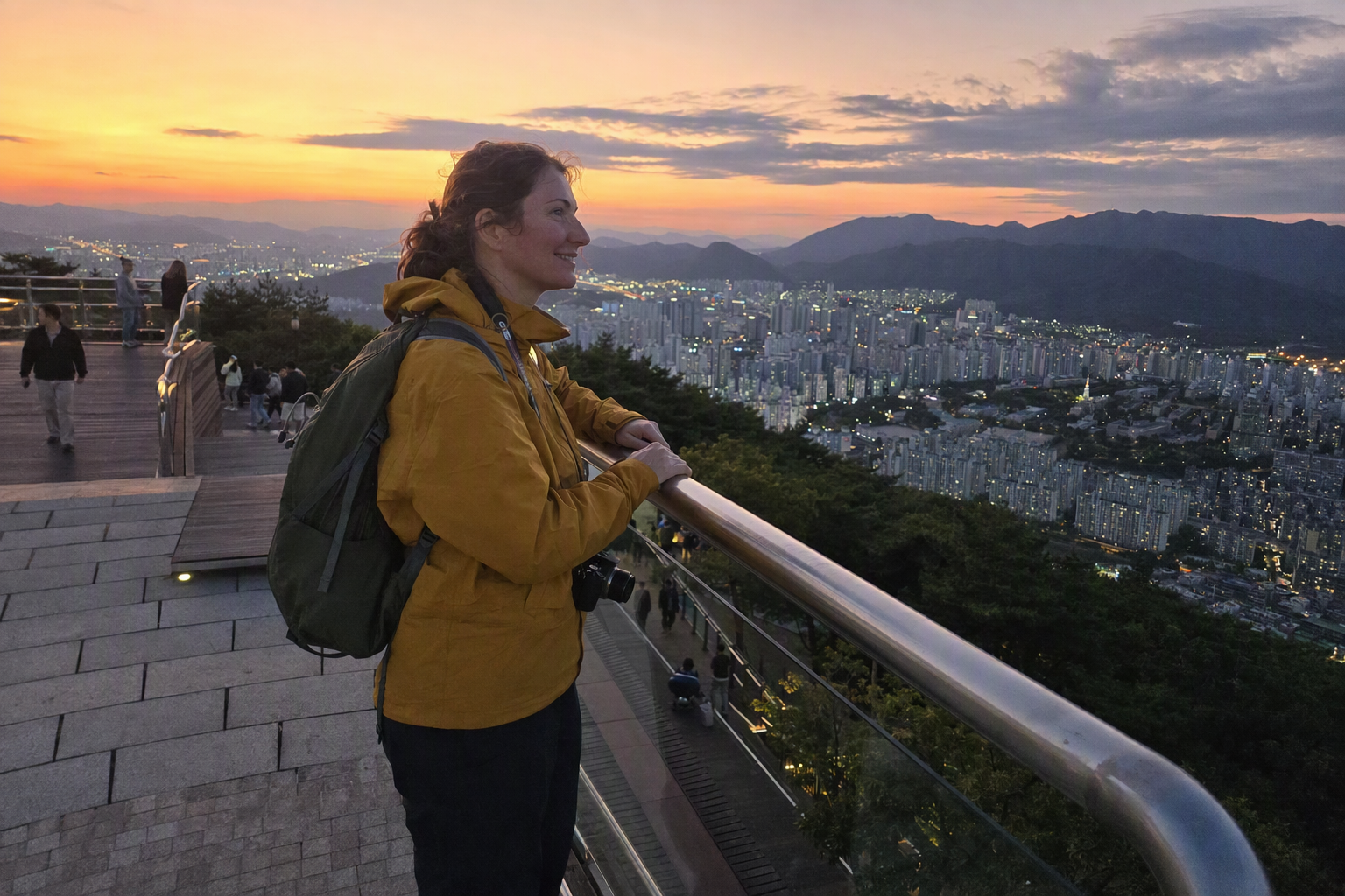 bright vibrant photorealistic traveler standing on an elevated city viewpoint overlooking dense Korean apartment towers and mountains, golden sunset, no text