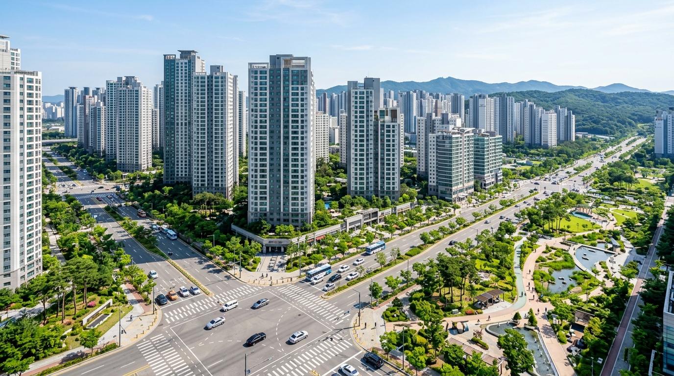 bright vibrant photorealistic view of modern high-rise apartment districts in Gyeonggi-do near Seoul, wide streets, parks, clear morning light, no text