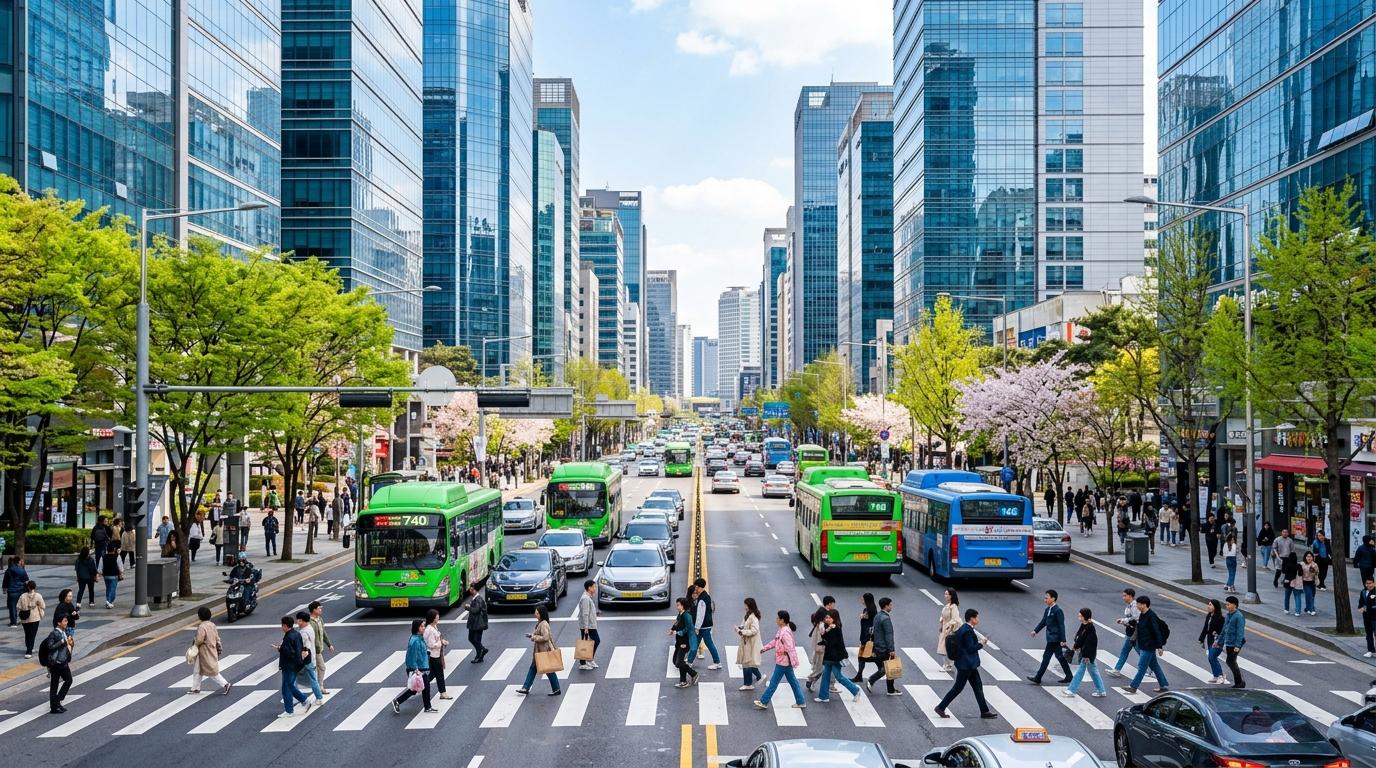 bright vibrant photorealistic street scene in central Seoul with modern glass buildings, crosswalks, buses, pedestrians, spring trees, no text