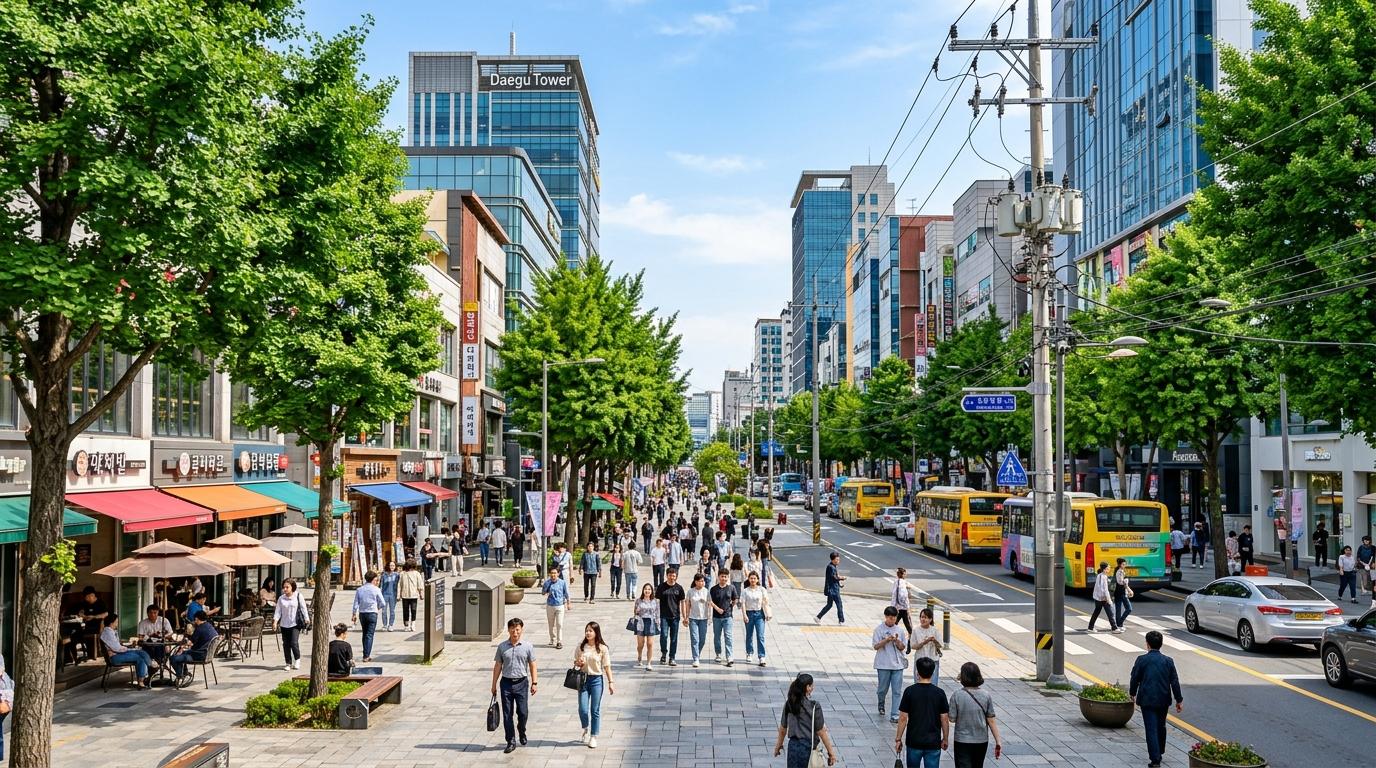 bright vibrant photorealistic downtown Daegu avenue with trees, cafes, modern buildings, sunny day, pedestrians, no text