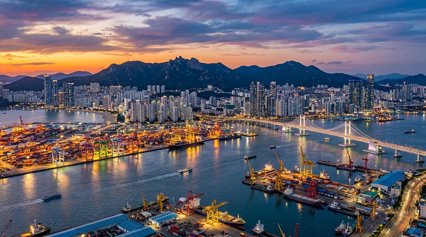 bright vibrant photorealistic southeastern Korean industrial coastal skyline at dusk with harbor lights, mountains, modern city buildings, no text