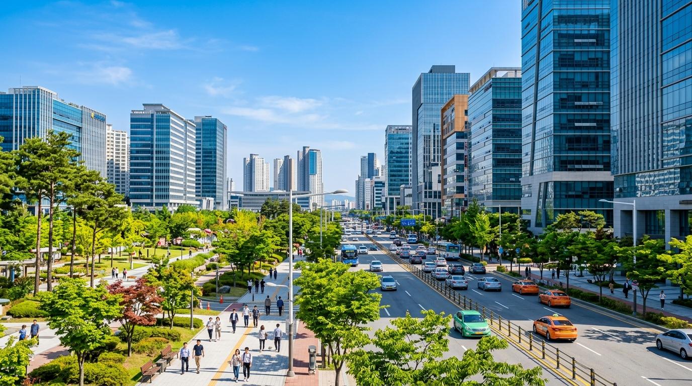 bright vibrant photorealistic urban scene in Daejeon with clean boulevards, contemporary buildings, green public spaces, blue sky, no text