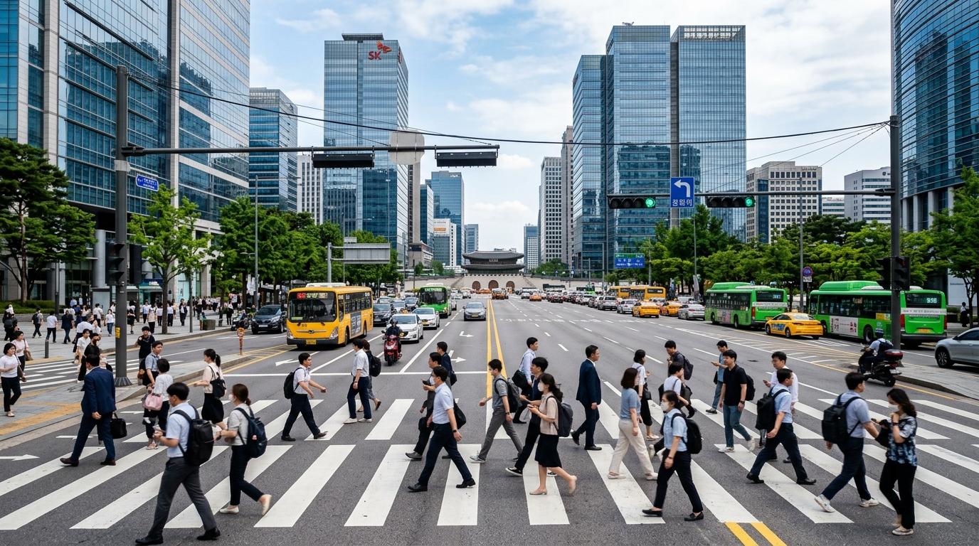 Bright vibrant photorealistic street scene in central Seoul with people crossing at a wide intersection, glass buildings, buses, clean daylight, no text