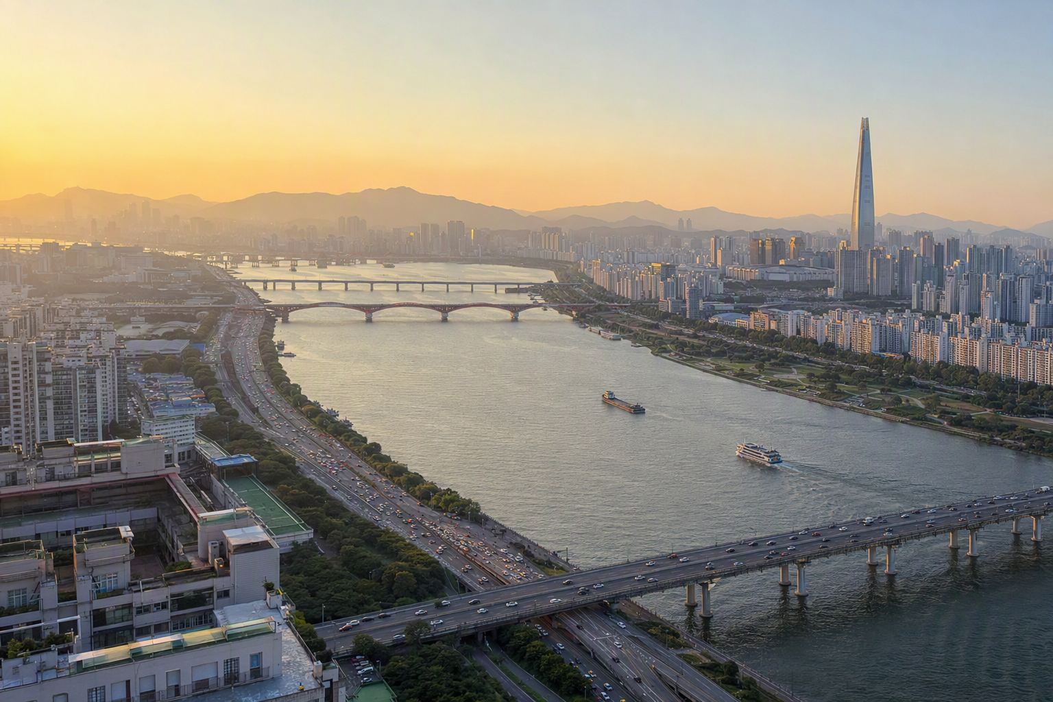 金色時刻下，沿著漢江的首爾天際線明亮鮮豔、寫實風格的空拍景象，現代高樓與橋樑，柔和地平線，天氣晴朗，無茶色調