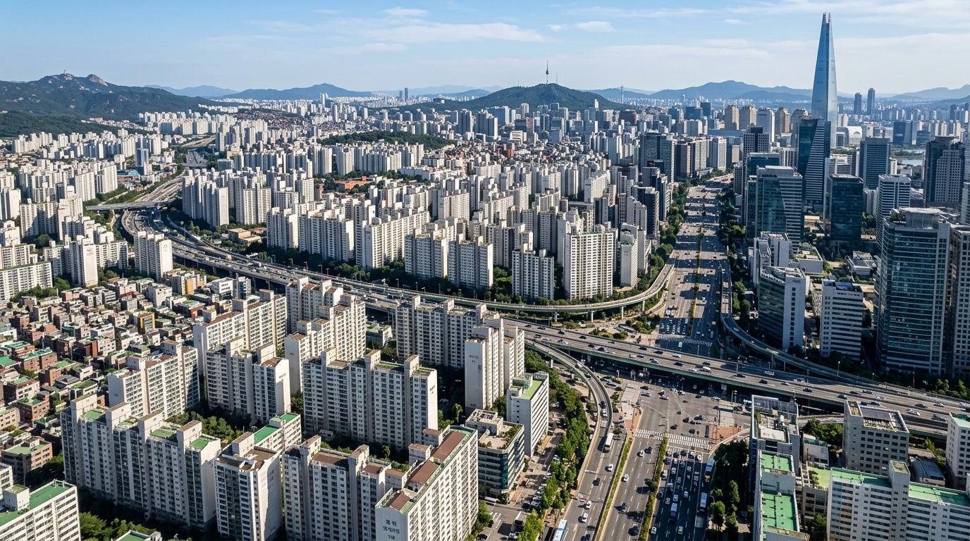 Bright photorealistic view of dense Seoul apartment blocks and office towers from above, layered city streets, clear afternoon light, no text