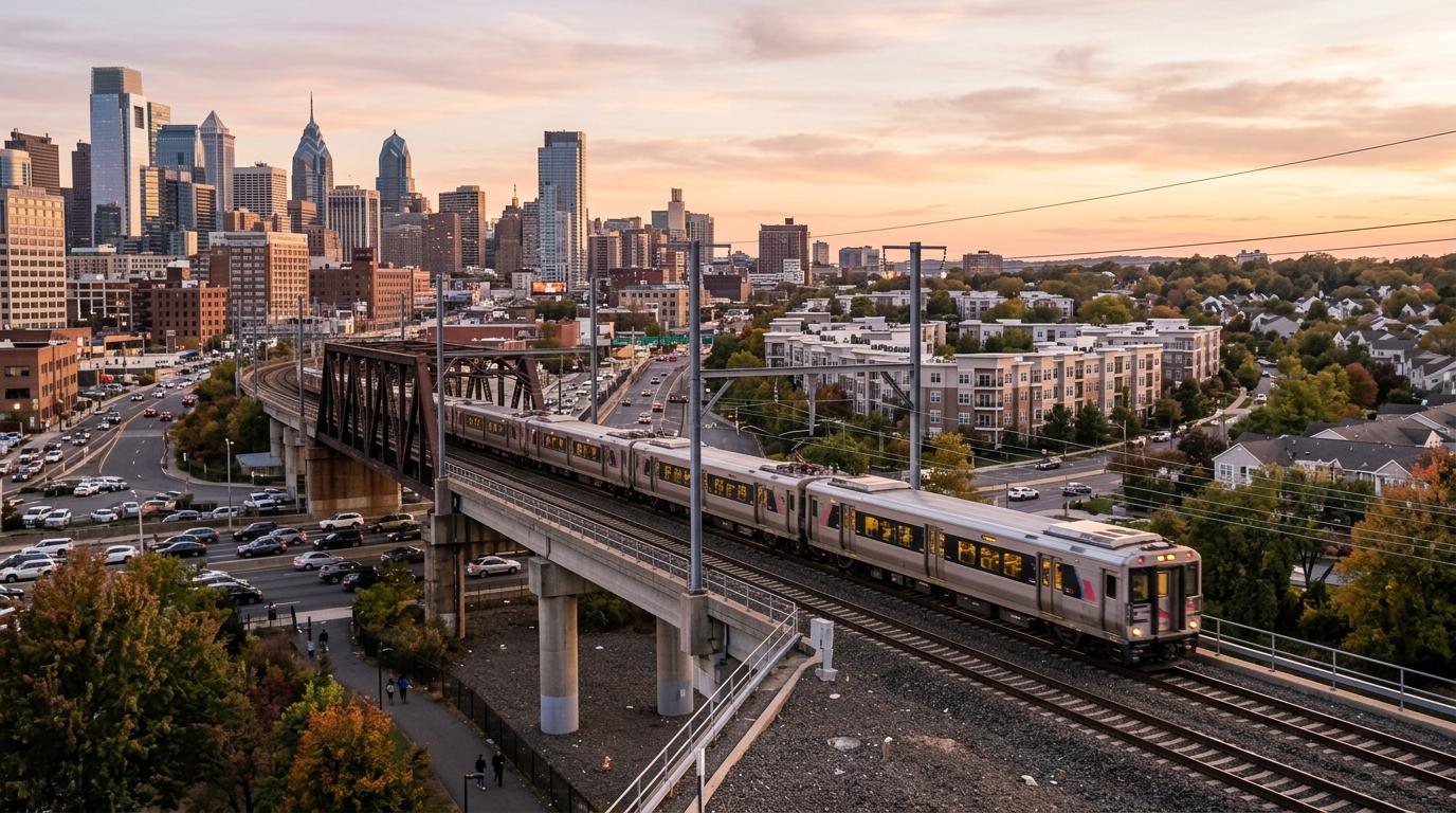 Bright photorealistic commuter train passing from dense city blocks toward suburban apartment clusters, soft sunset light, no text