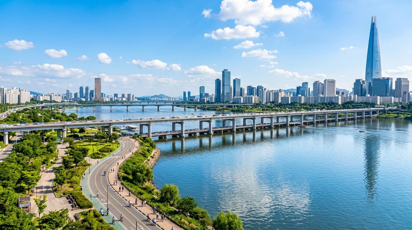 Bright vibrant photorealistic view of the Han River in Seoul with long bridges, riverside paths, modern towers, blue sky, clear water reflections, no text