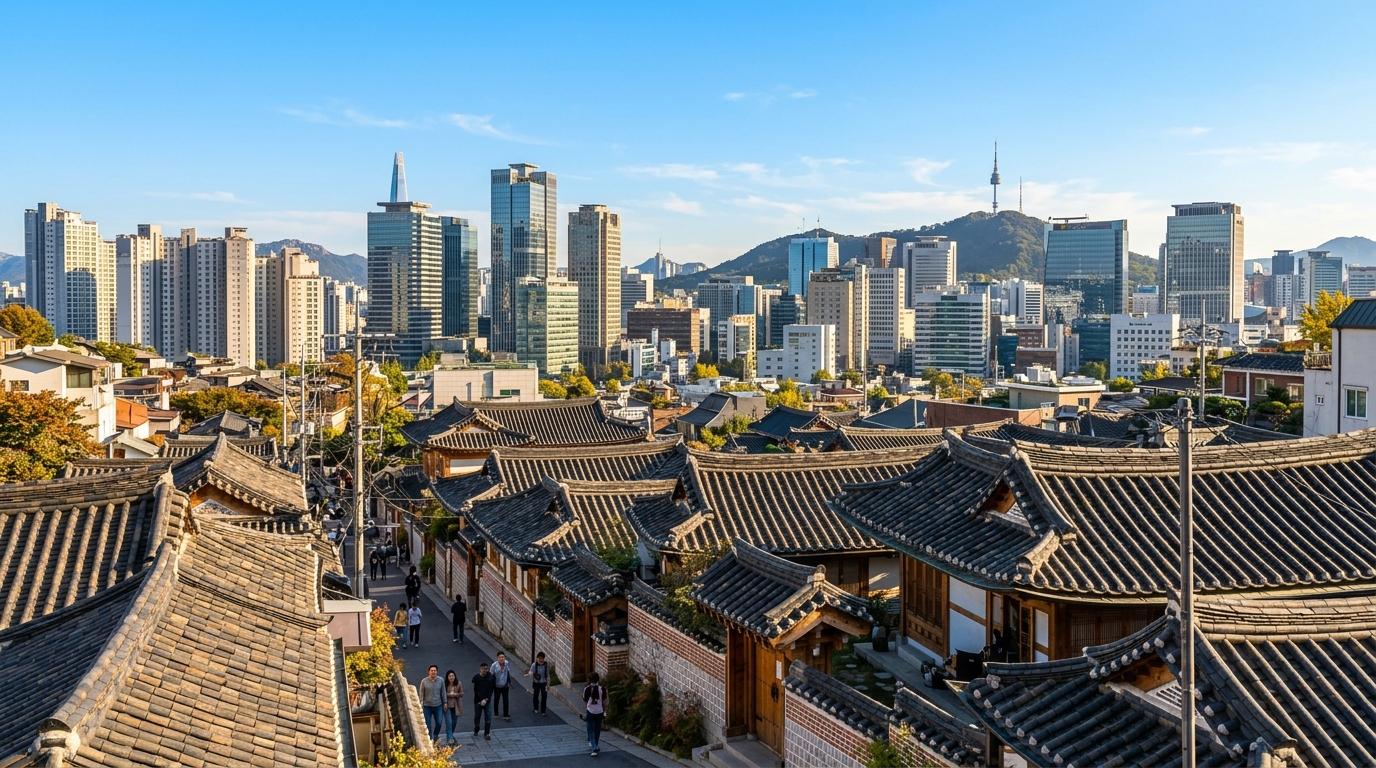 Bright photorealistic scene of traditional tiled rooftops beside modern Seoul buildings under blue sky, warm afternoon light, no text