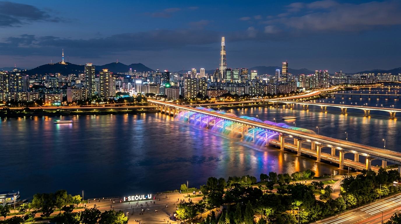 Bright vibrant photorealistic night view of Seoul with glowing bridges over the Han River, reflections on water, no text