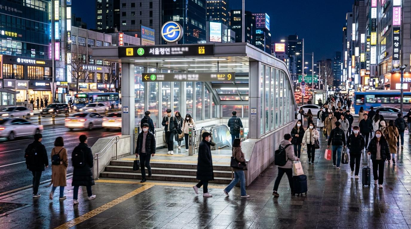 Bright photorealistic night scene outside a Seoul subway entrance with city lights, travelers, and a clean modern atmosphere, no readable text