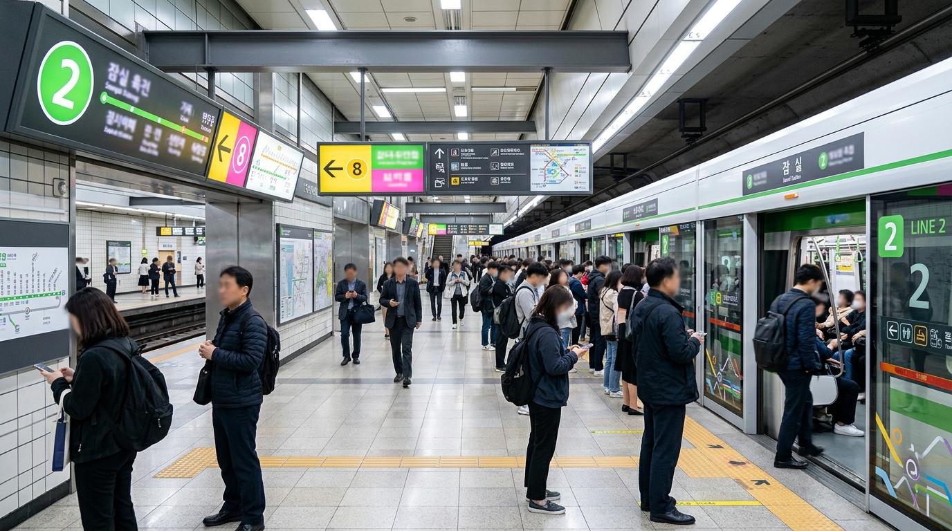 Bright photorealistic Seoul subway platform with travelers, colorful route line signs, clean modern lighting, no readable text