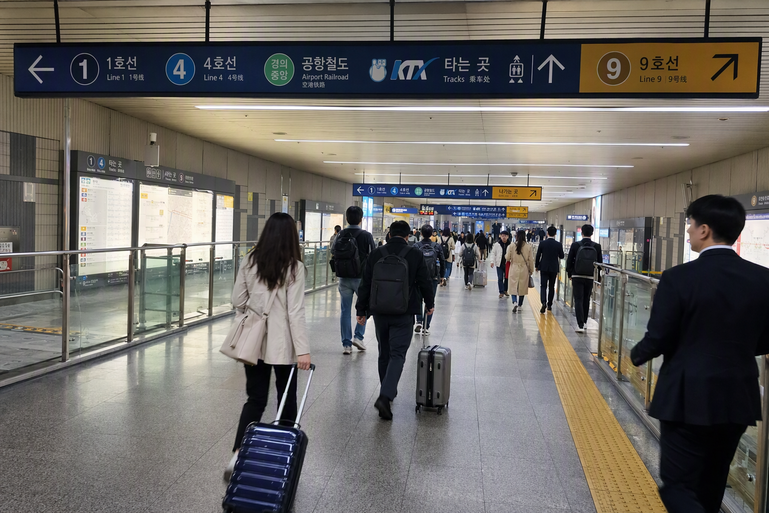 明亮、寫實風格的首爾地鐵轉乘走廊,有繽紛的路線標記,旅客拖著小行李行走,現代化車站照明,沒有可辨識文字