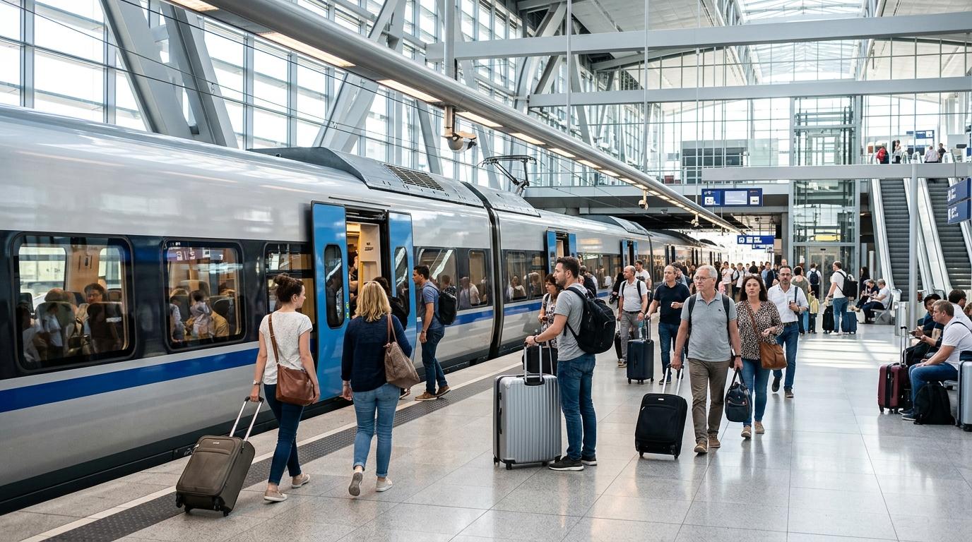 Bright photorealistic airport railway train at a modern platform with travelers and suitcases, clean bright lighting, no readable text