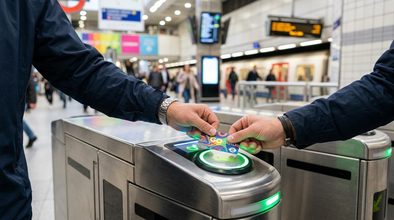 Bright photorealistic close-up of a traveler tapping a transit card at a clean subway gate, colorful lights, no readable text