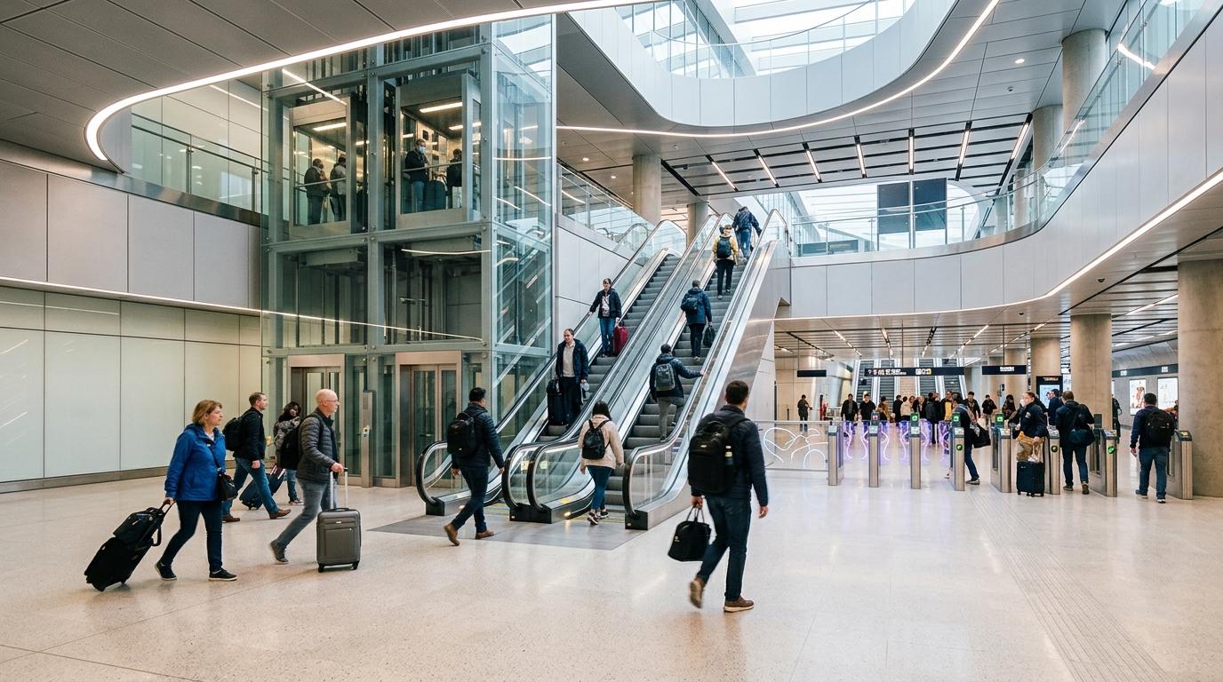 Bright photorealistic subway station concourse with elevators, escalators, travelers with suitcases, airy modern lighting, no readable text