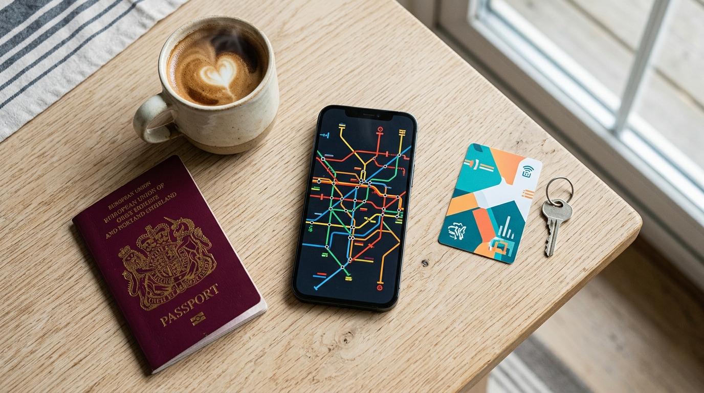 Bright photorealistic flat lay of a smartphone showing an abstract colorful metro map, passport, coffee, and travel card, no readable text
