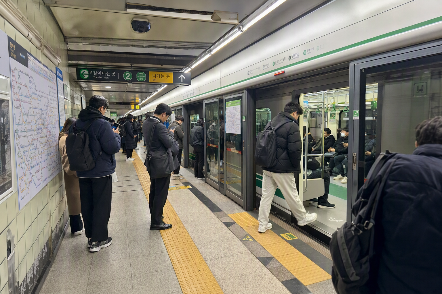 明亮、寫實風格的首爾地鐵月臺,有旅客與色彩繽紛的路線指示牌,乾淨現代的照明,沒有可辨識文字