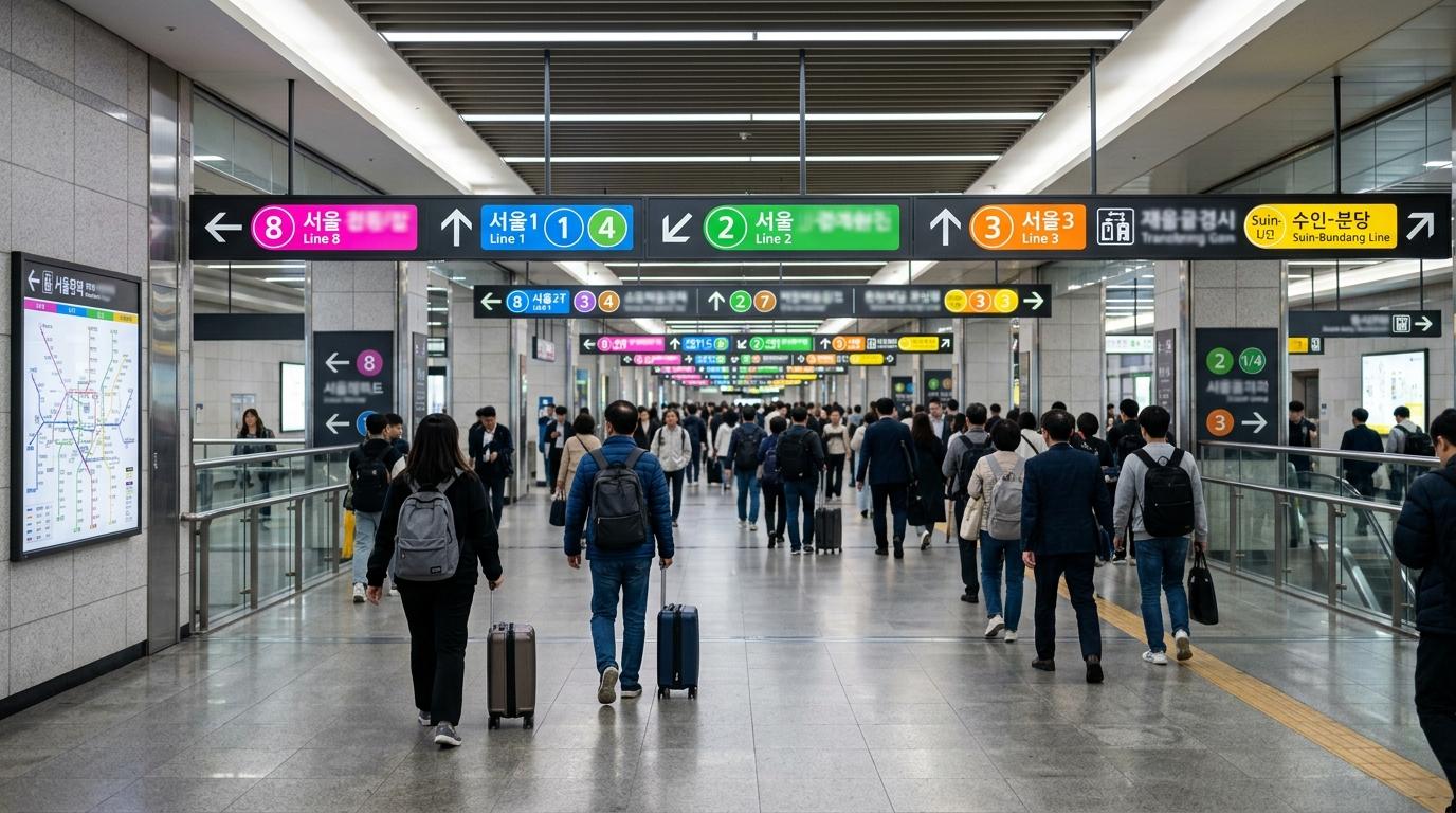 Bright photorealistic Seoul subway transfer corridor with colorful line markers, travelers walking with small luggage, modern station lighting, no readable text