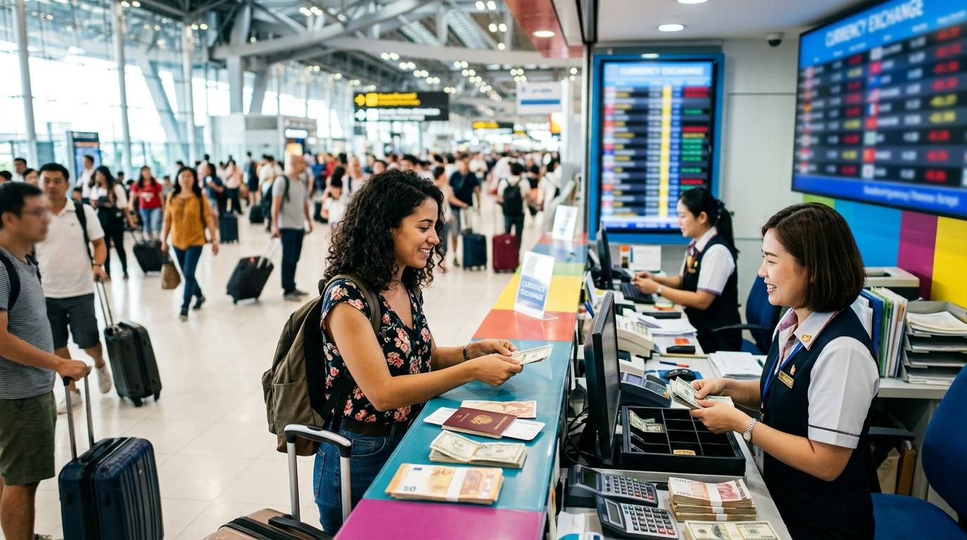 Bright, vibrant, photorealistic image of an airport currency exchange counter with travelers, suitcases, cash, and digital boards blurred with no readable text