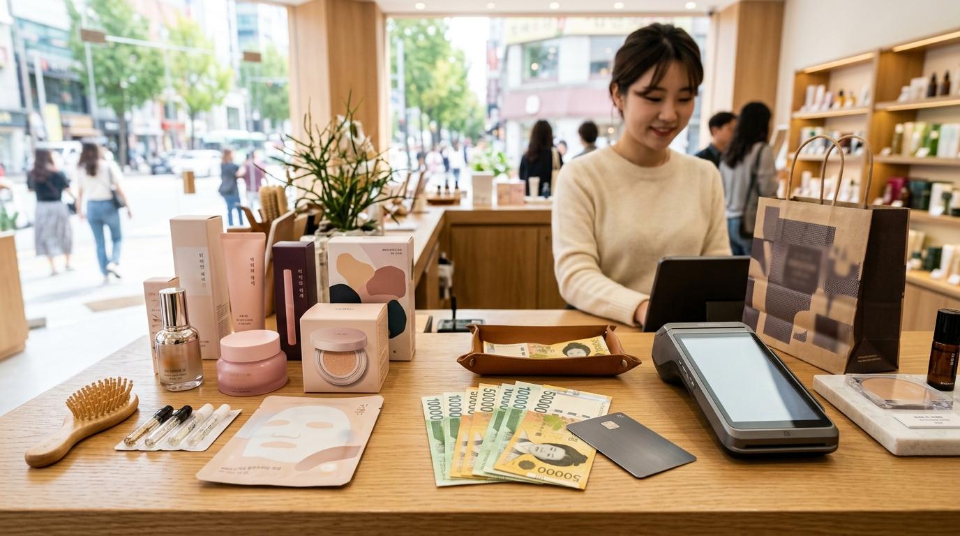 Bright, vibrant, photorealistic image of stylish Seoul shopping counter with Korean won bills, a payment card, packaged cosmetics, and soft daylight, no visible