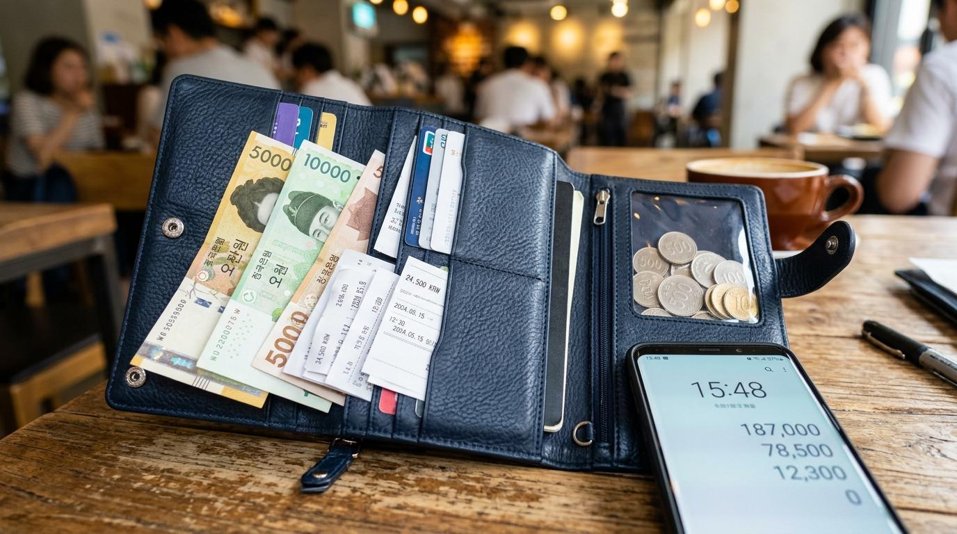 Bright, vibrant, photorealistic image of a neatly organized travel wallet with Korean won bills, coins, receipts, and a phone showing numbers only, no readable