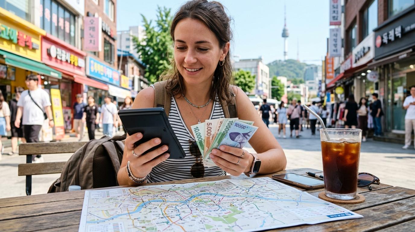Bright, vibrant, photorealistic image of a traveler holding a calculator and Korean won bills beside a city map and iced coffee in Seoul, no visible text