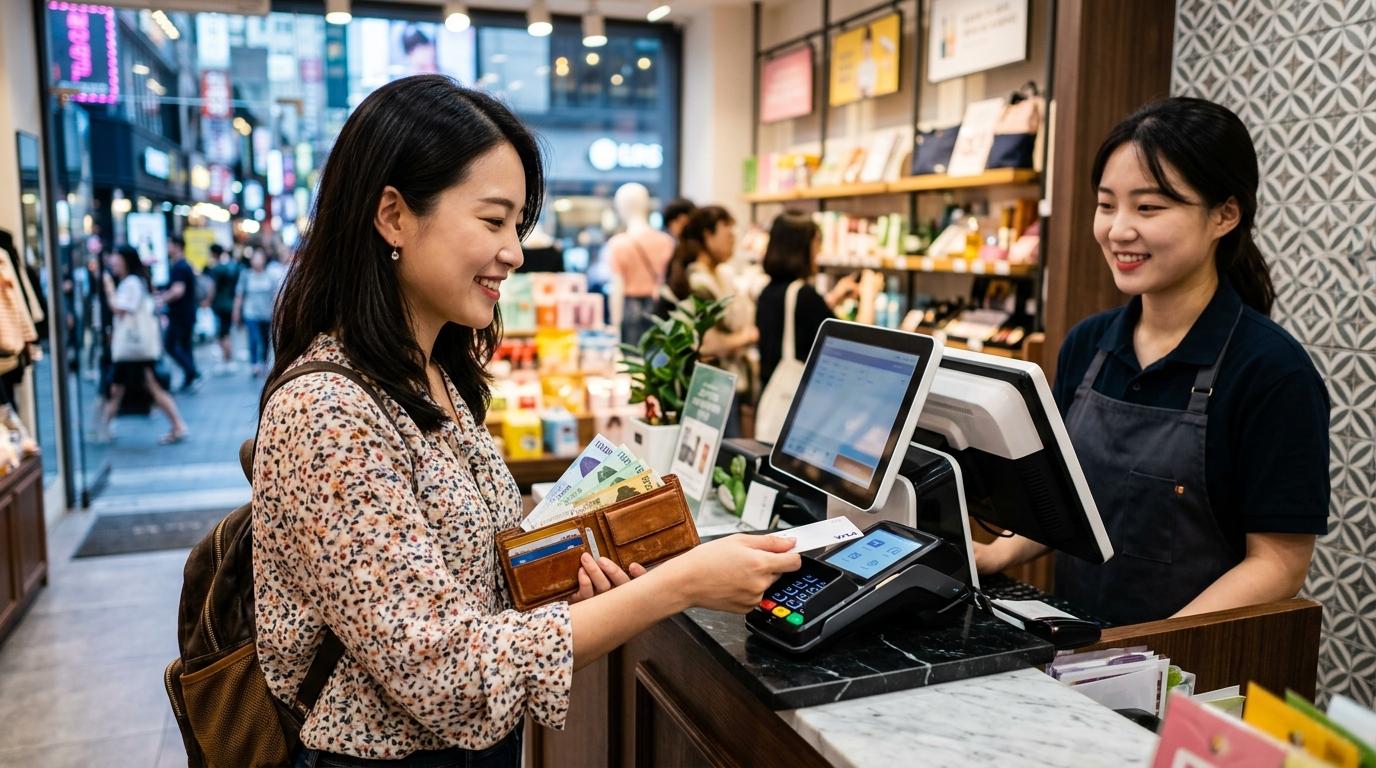 Bright, vibrant, photorealistic image of a traveler paying by card at a modern Seoul shop counter with Korean won banknotes in a wallet, no visible text