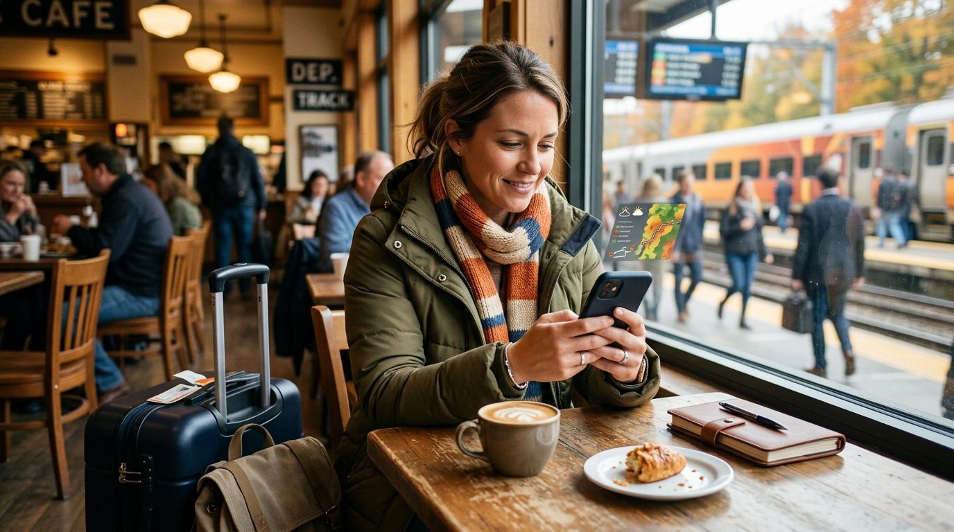 Bright photorealistic traveler checking weather and foliage updates on a smartphone at a train station cafe, autumn jacket, suitcase nearby, warm light, no read