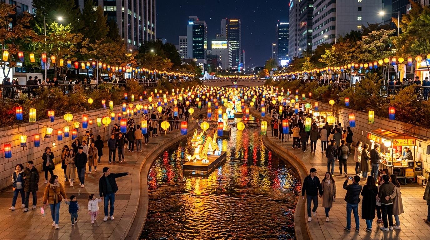 Bright photorealistic night festival along a river in Korea, colorful lanterns reflected on water, families and travelers walking, festive autumn atmosphere, no