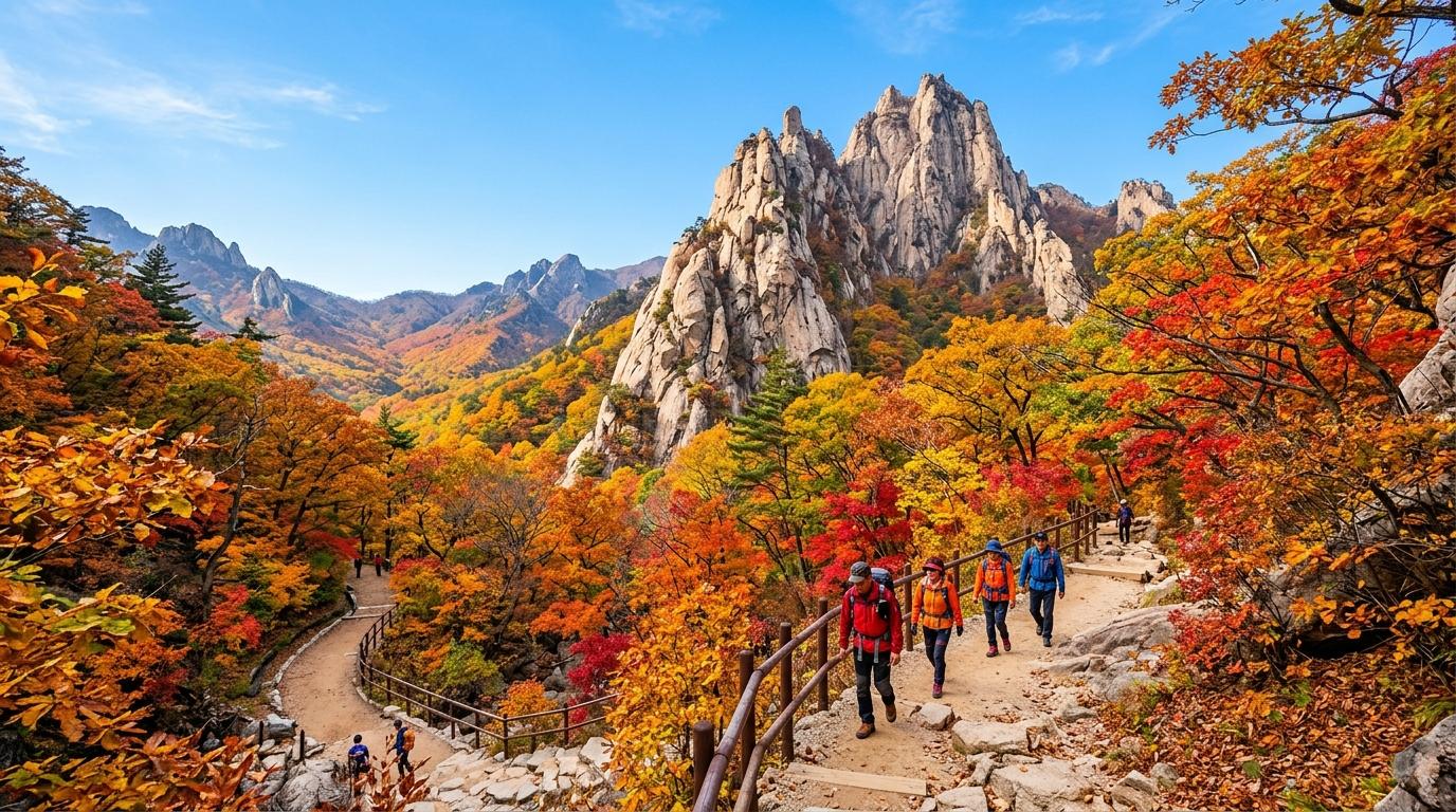 Bright photorealistic Seoraksan National Park in autumn, granite peaks, red and orange forest, clear blue sky, hikers on a trail, vibrant colors, no Korean text