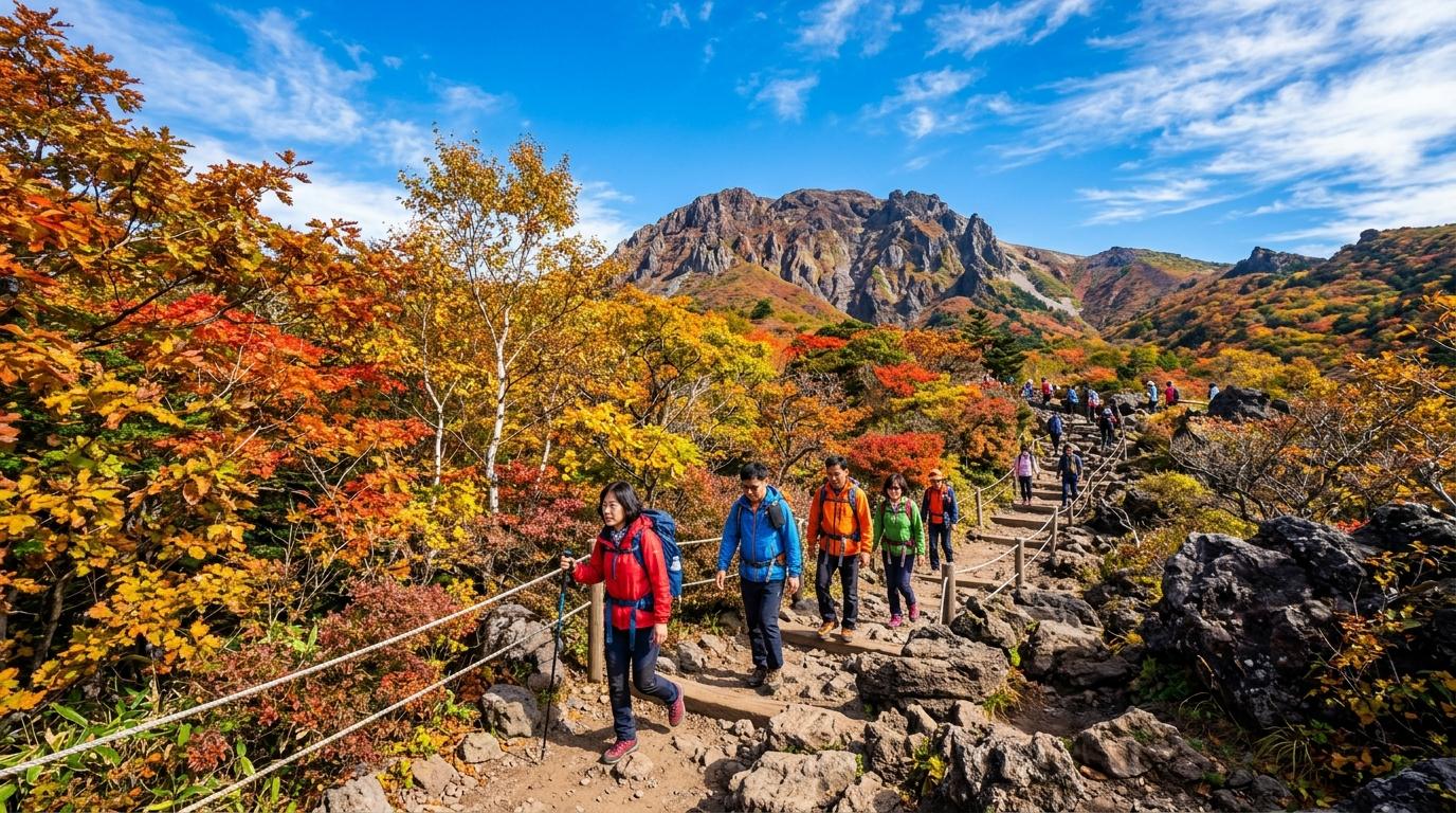 Bright photorealistic Hallasan mountain trail in late October, autumn foliage, volcanic rocks, hikers in windbreakers, dramatic clear sky, vibrant natural color