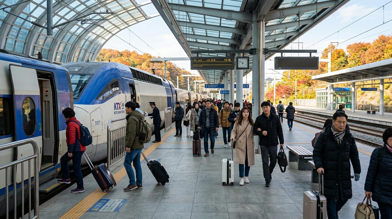 Bright photorealistic KTX train platform scene in autumn, travelers with small suitcases, warm jackets, clear daylight, modern station atmosphere, no readable t
