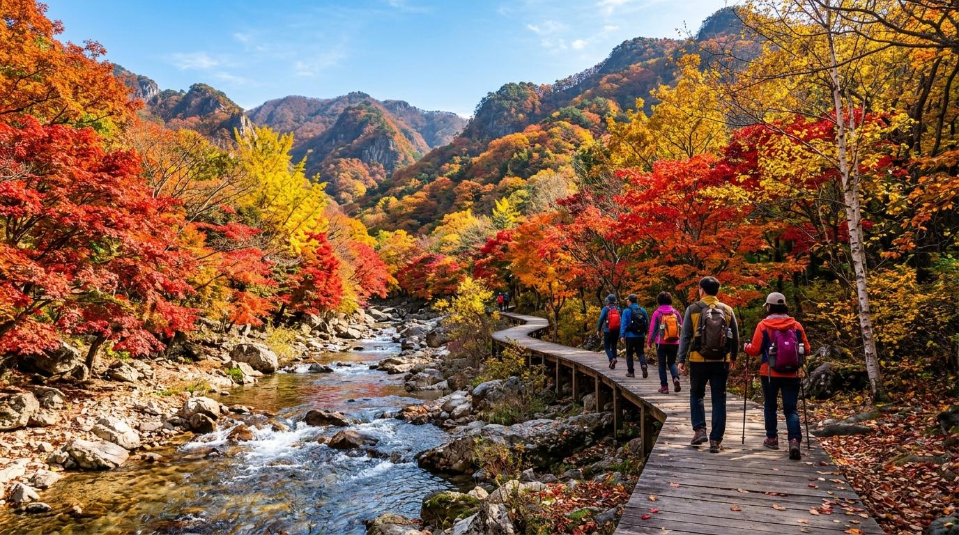 Bright photorealistic Korean mountain valley in autumn, red maple leaves, golden trees, clear stream, hikers on a wooden path, vivid colors, no Korean text