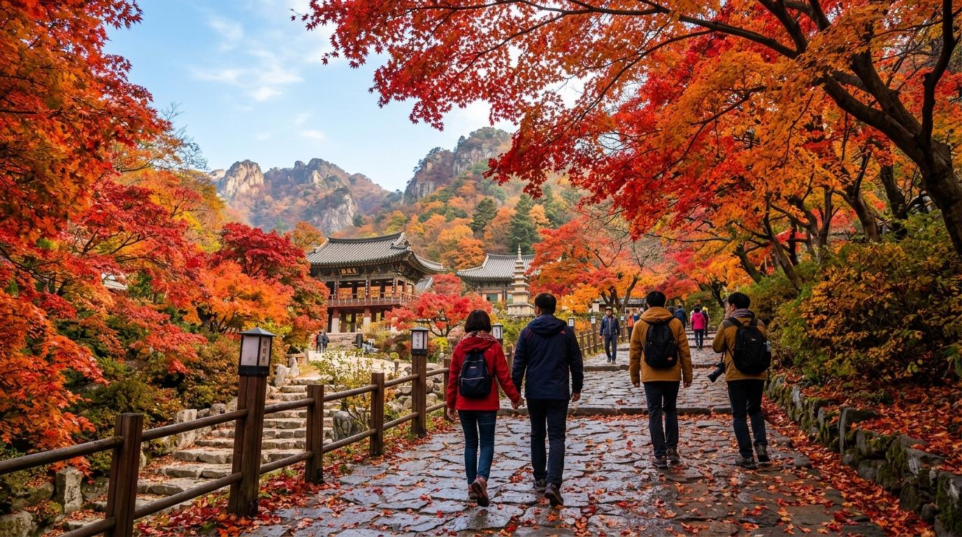 Bright photorealistic Naejangsan temple path in deep autumn, vivid red maple canopy, travelers walking slowly, soft morning light, mountain background, no Korea