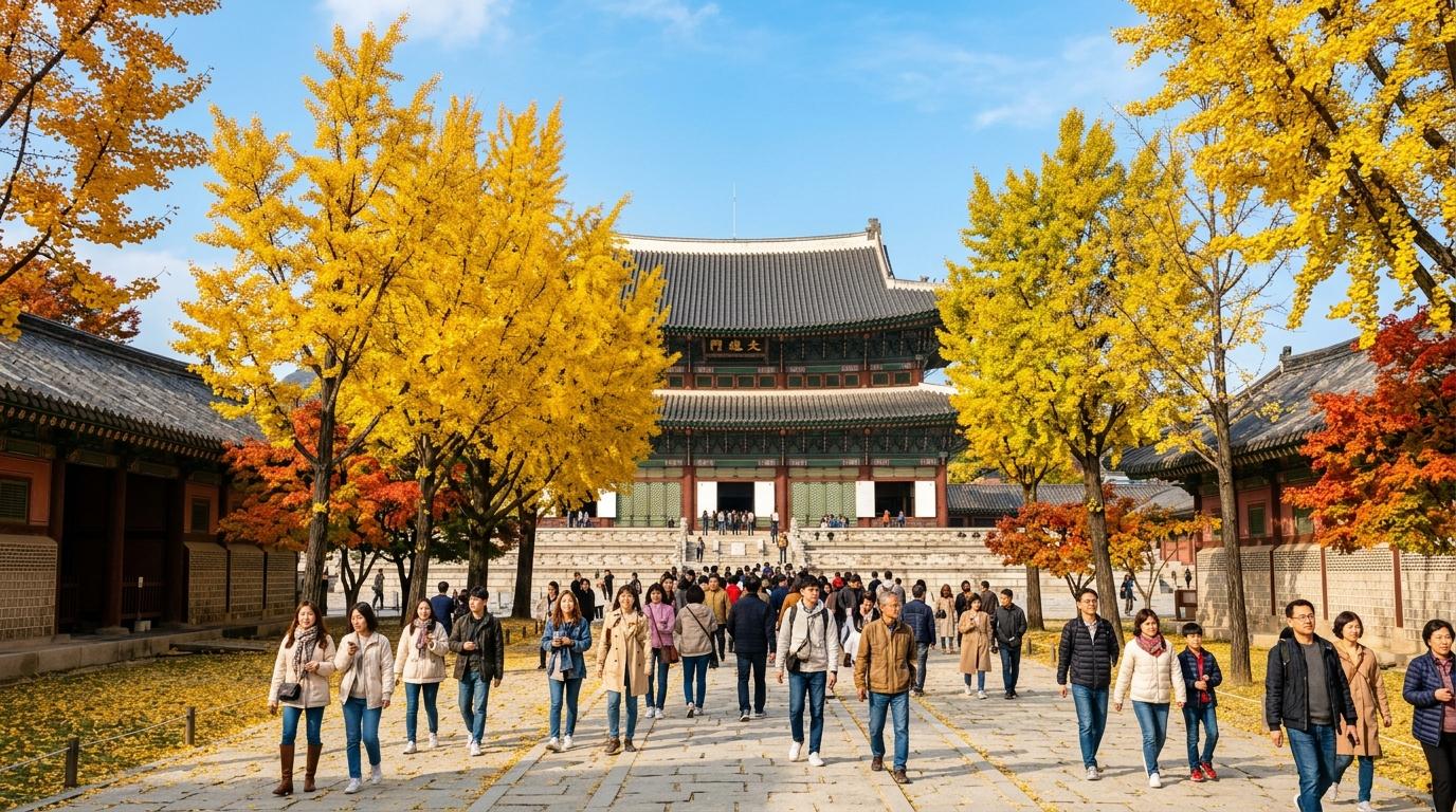 Bright photorealistic autumn scene at a Seoul palace courtyard, golden ginkgo trees, clear blue sky, travelers in light jackets, vibrant colors, no Korean text