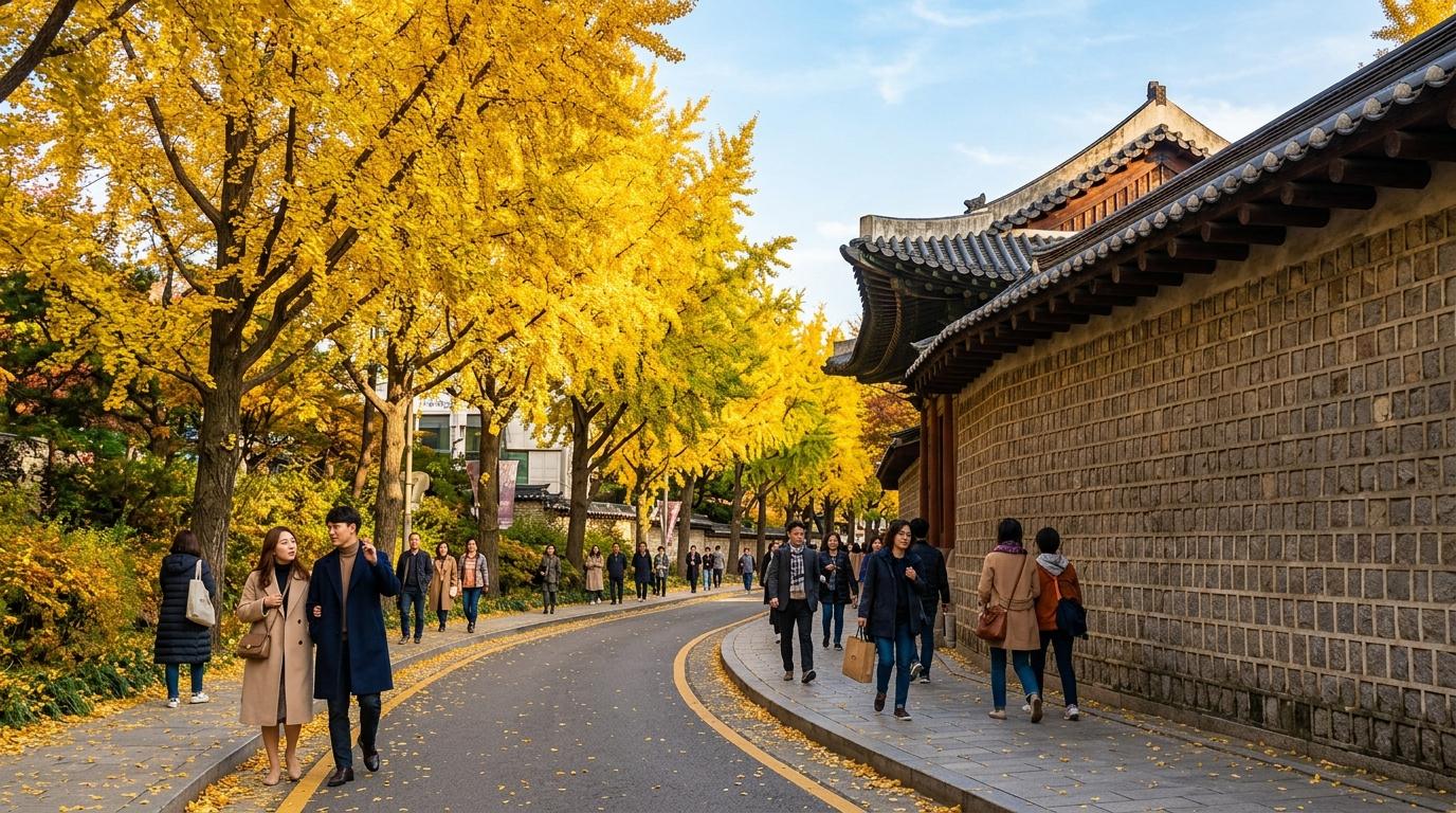 Bright photorealistic Deoksugung Stonewall Road in late October, golden ginkgo trees, elegant stone wall, people strolling in coats, warm sunlight, no Korean te