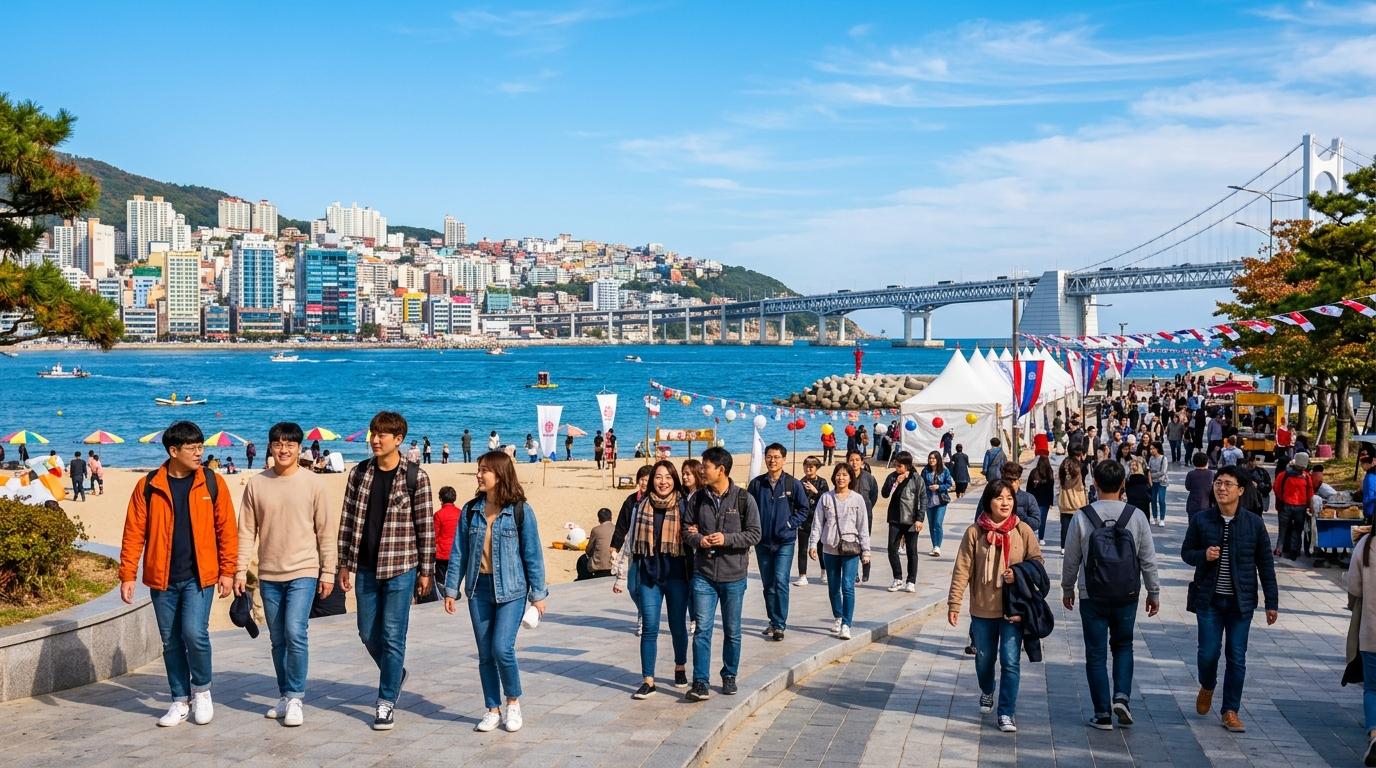 Bright photorealistic Busan coastal city scene in October, blue sea, clear sky, travelers in casual autumn clothes, film festival atmosphere without visible tex