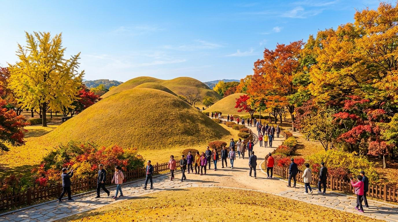 Bright photorealistic Gyeongju autumn scene with ancient royal tombs, golden grass, colorful trees, blue sky, visitors walking peacefully, vibrant colors, no Ko