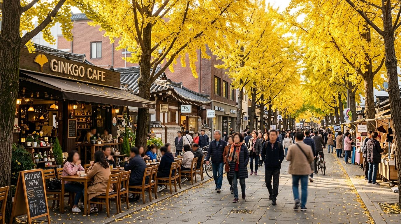 Bright photorealistic street scene in Seoul in October, people walking under yellow ginkgo trees, outdoor cafe tables, soft afternoon sunlight, vibrant colors,