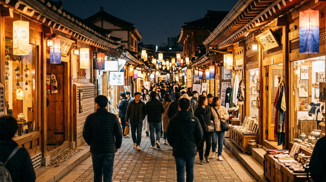 Bright photorealistic Insadong street with traditional tea houses, art shops, warm lantern glow, travelers walking, no readable signs or text