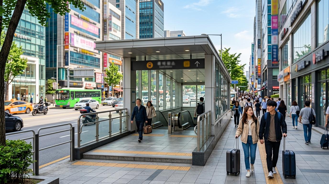 Bright photorealistic Seoul subway entrance near a busy downtown street, travelers with small suitcases, clean modern city atmosphere, vivid colors, no visible