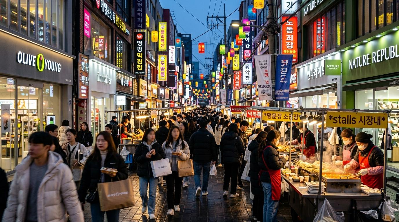 Bright photorealistic evening street in Myeongdong with food stalls, shoppers, glowing storefronts without readable text, colorful lights, lively Seoul travel m