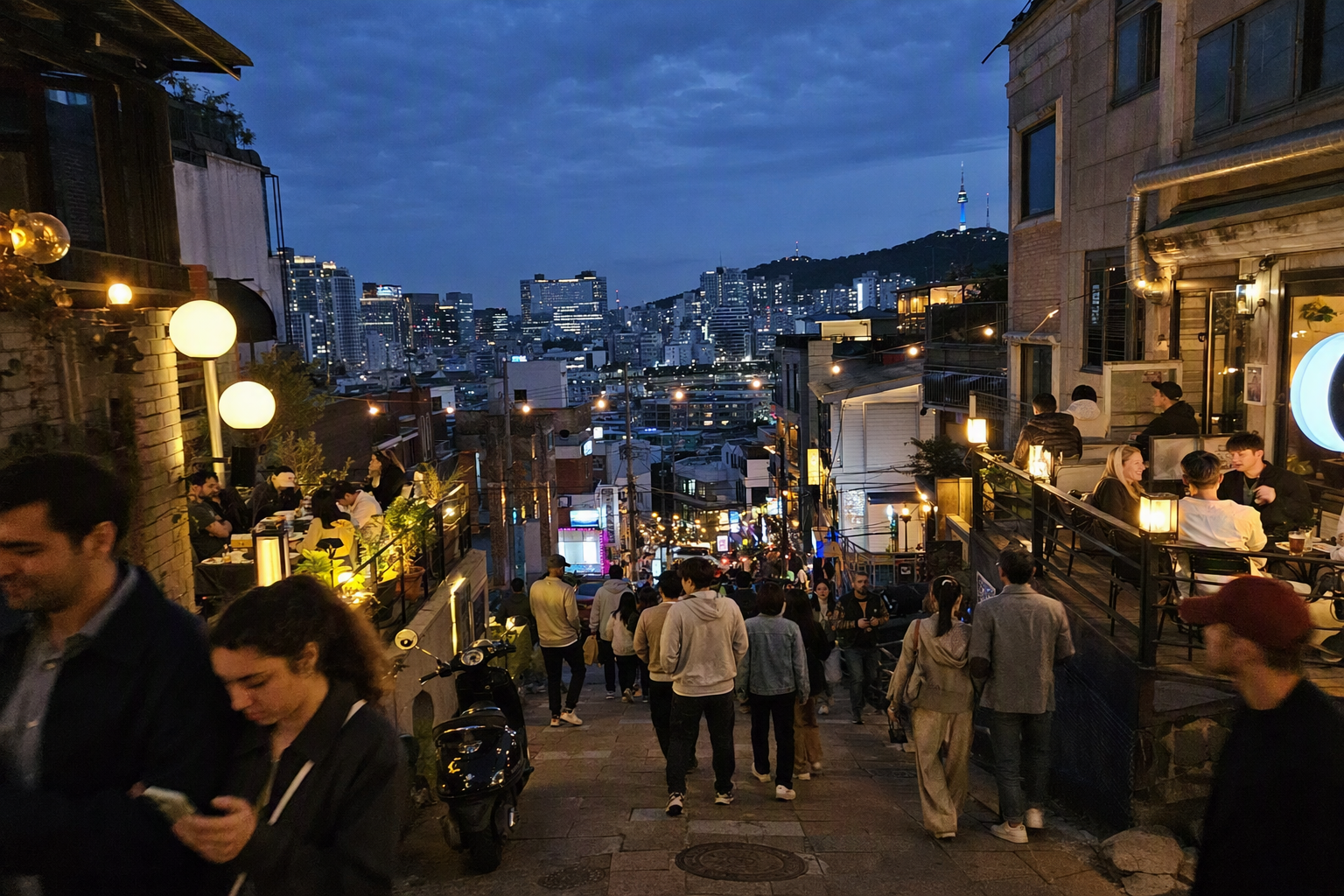黃昏時分明亮寫實的梨泰院山坡街景，有國際餐廳、溫暖燈光、多元旅人，沒有可辨識的招牌或文字