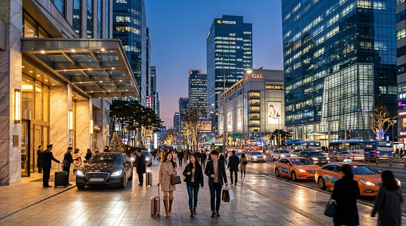 Bright photorealistic Gangnam avenue with sleek glass towers, luxury hotel entrance, evening city lights, stylish travelers, no visible text