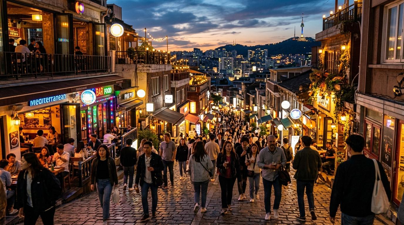 Bright photorealistic Itaewon hillside street at dusk with international restaurants, warm lights, diverse travelers, no readable signs or text