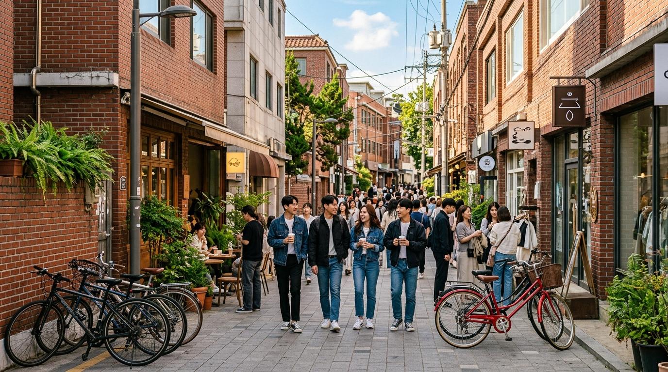 Bright photorealistic Seongsu cafe street with brick buildings, fashionable people, bicycles, design shops, sunny afternoon, no visible text
