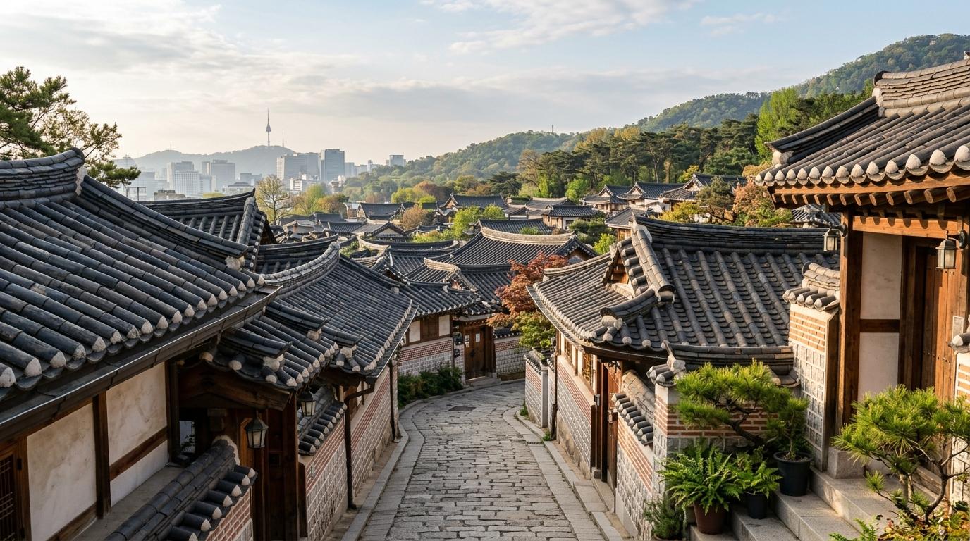 Bright photorealistic morning view of Bukchon hanok rooftops with narrow stone lanes, soft sunlight, calm atmosphere, no visible text