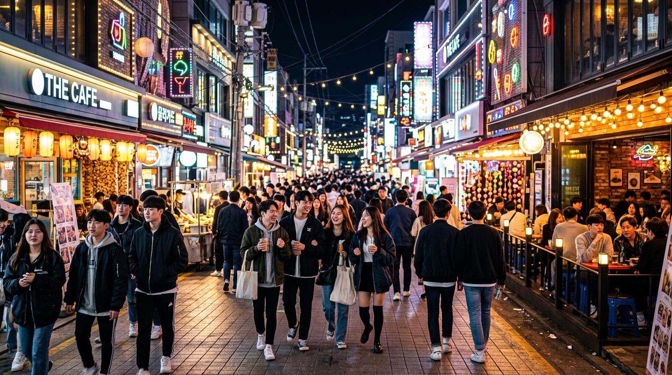 Bright photorealistic Hongdae night street with young travelers, cafes, music energy, colorful lights, no readable signage or text