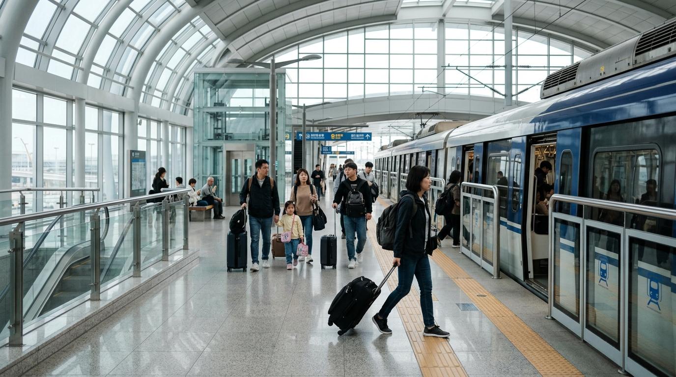 Bright photorealistic airport train platform in Seoul with travelers carrying suitcases, modern clean station, soft daylight, no readable signs or text